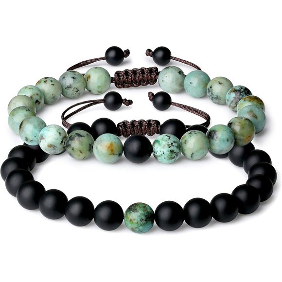 Matching Couple Bracelets African Turquoise Matte Onyx Stone Nylon Custom Fit Gi - Picture 1 of 7